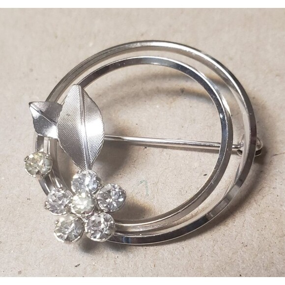 Vtg 70s Signed Krementz Floral Spray Circle Clear Rhinestones Silver Tone Brooch - Picture 7 of 16